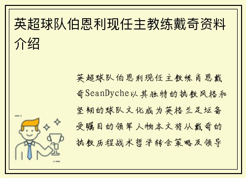 英超球队伯恩利现任主教练戴奇资料介绍